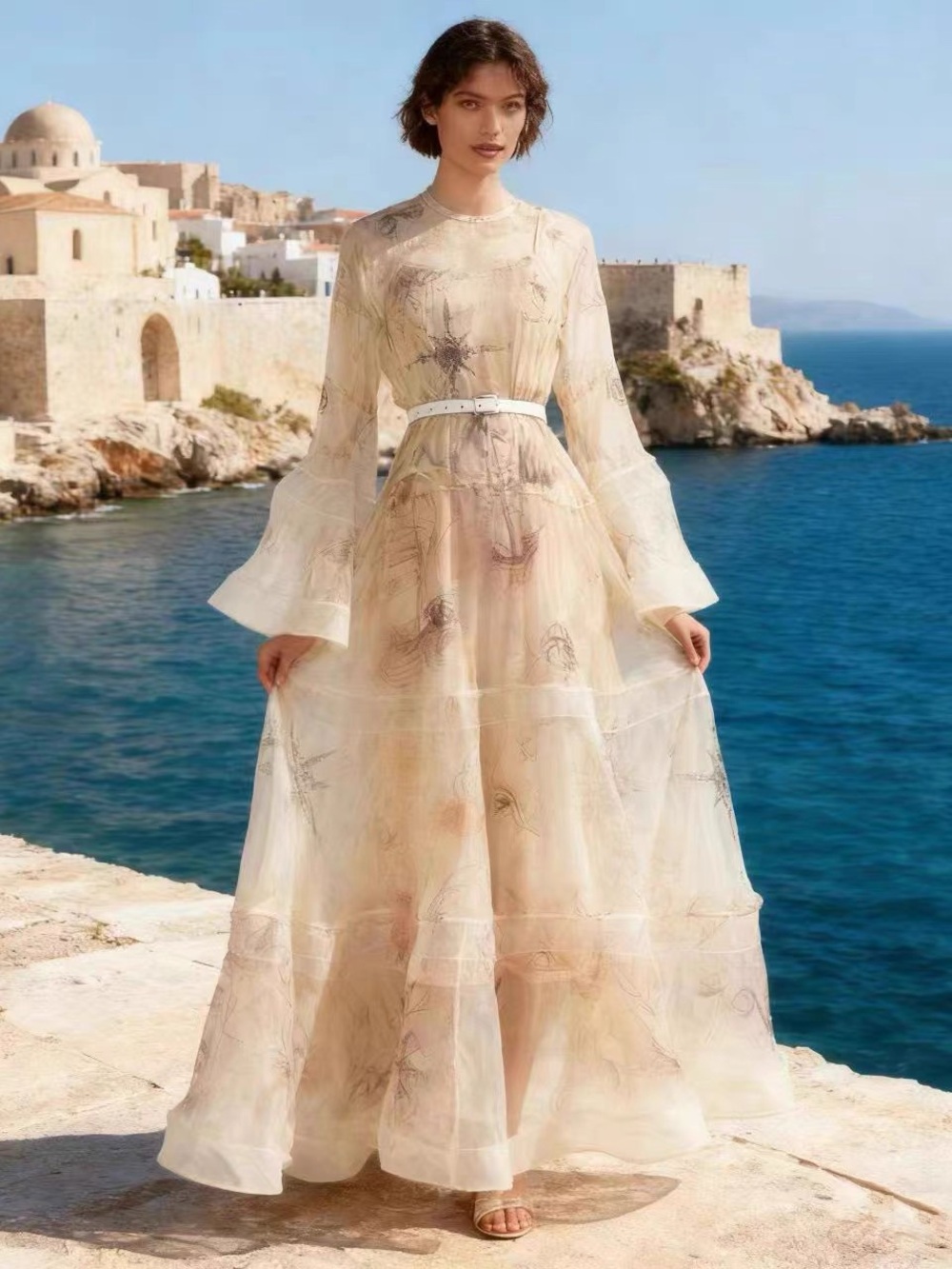 Designer-style Ethereal Cream Long-Sleeve Maxi Dress